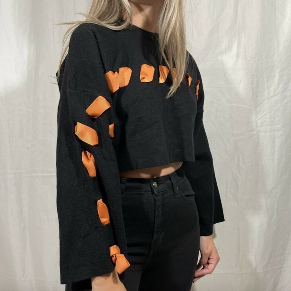 NWT LF BSBW Ribbon Black Oversized‎ Cropped Sweater - Picture 1 of 12